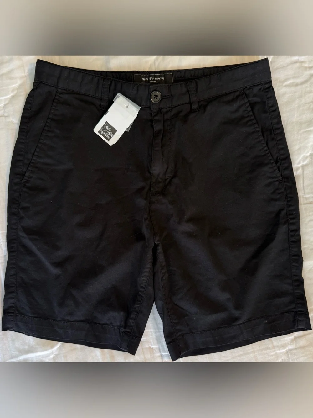 NWT Saks Fifth Avenue Mens 29 Black Stretch Chino Casual Shorts Flat Front